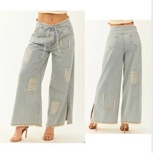 POL Railroad Stripe Wide Patchwork Pants, Powder Blue, Size Large